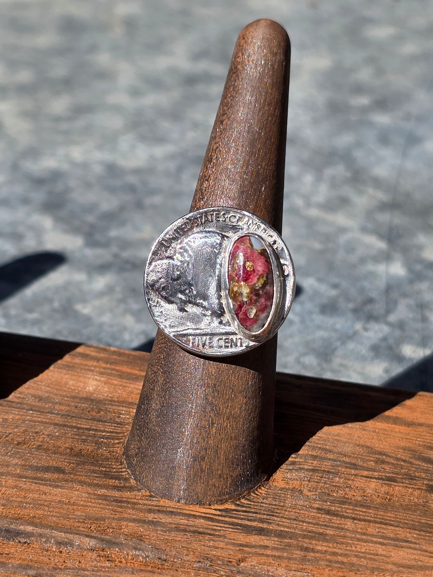 Spiny Oyster Composite Buffalo Nickel Ring