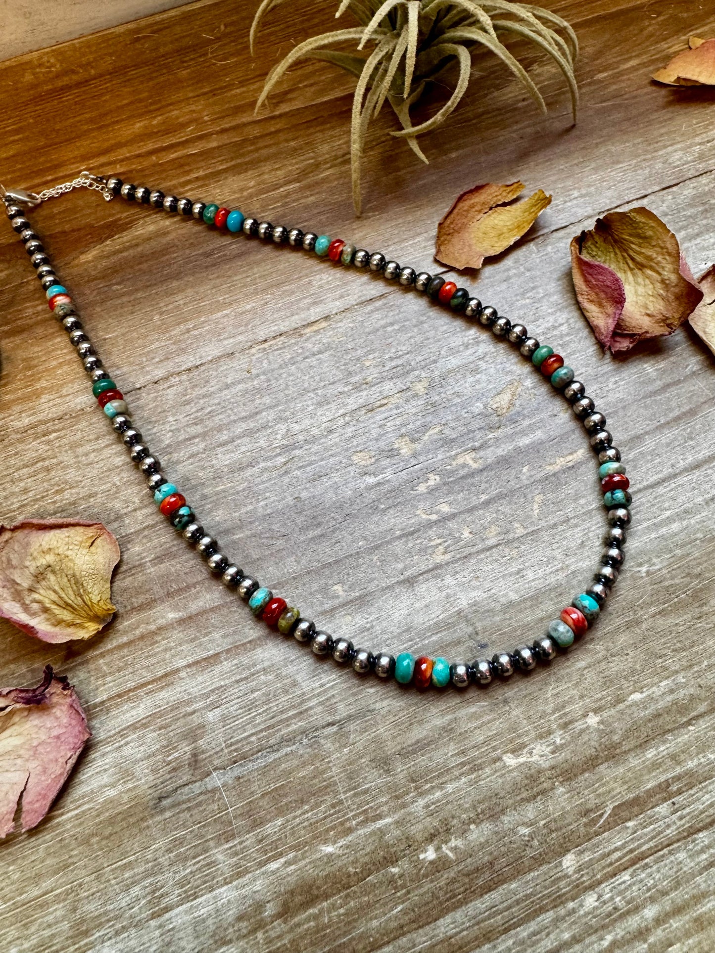18-Inch Sterling Silver Pearl Necklace – Mixed Turquoise & Spiny Oyster (5mm)