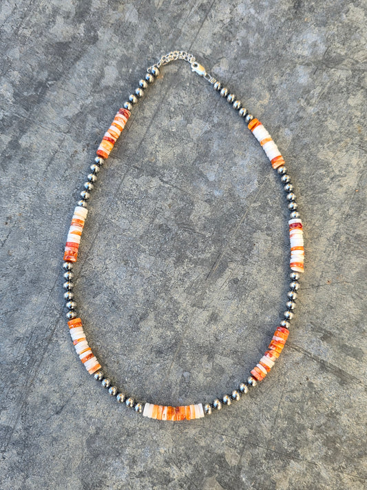 Orange Spiny & Sterling Pearl Necklace