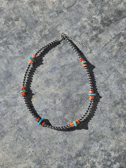 Spiny Oyster, Turquoise & Sterling Pearl Necklace