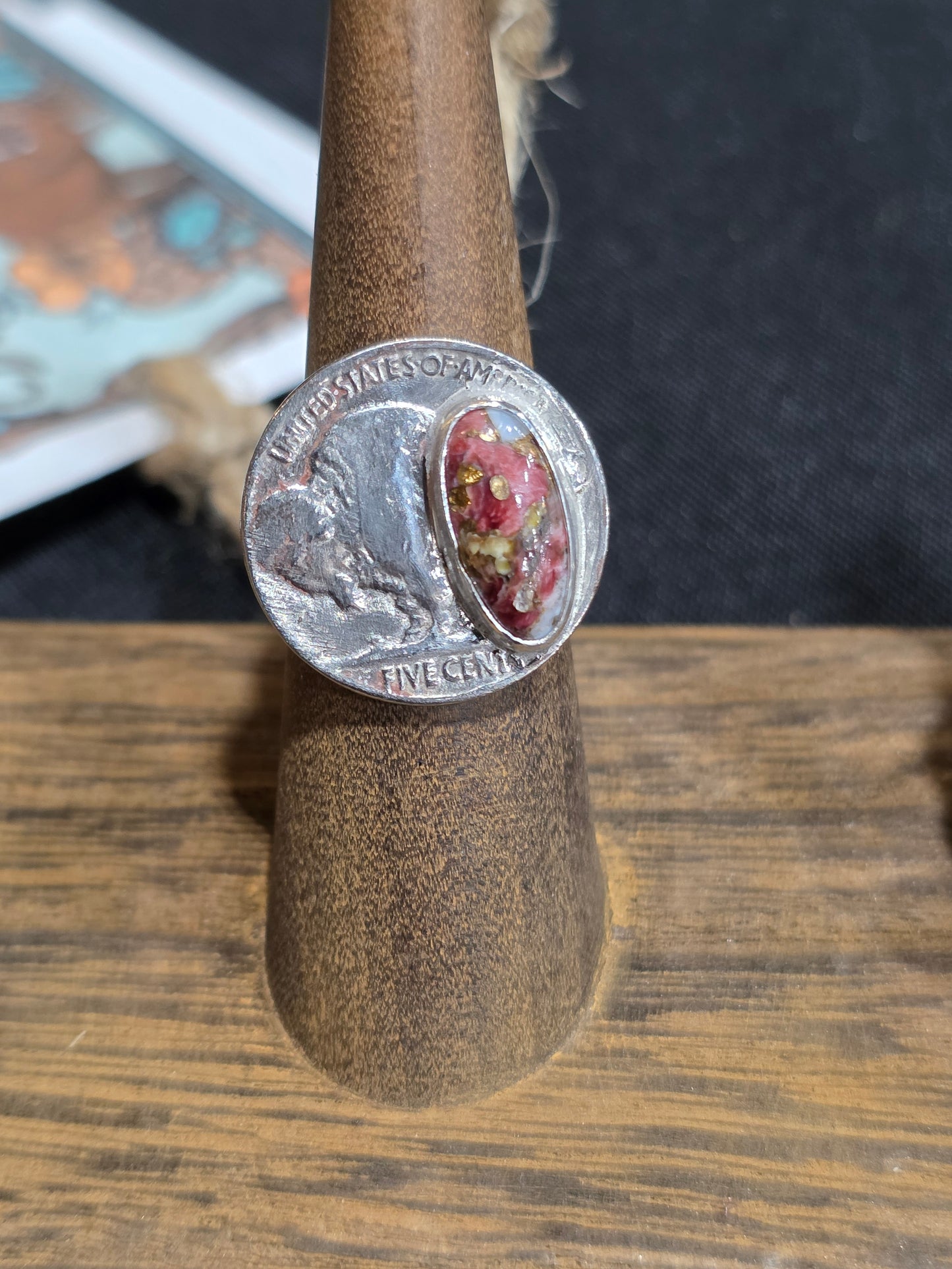 Spiny Oyster Composite Buffalo Nickel Ring