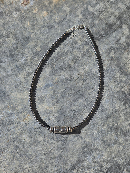 Stamped Barrel Bead & Sterling Pearl Necklace