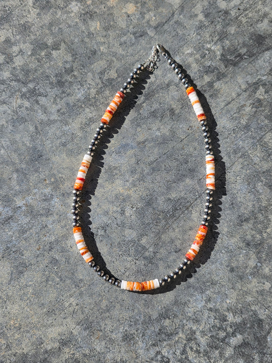 Orange Spiny & Sterling Pearl Necklace