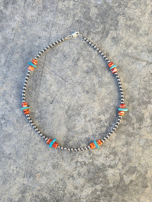 Spiny Oyster, Turquoise & Sterling Pearl Necklace