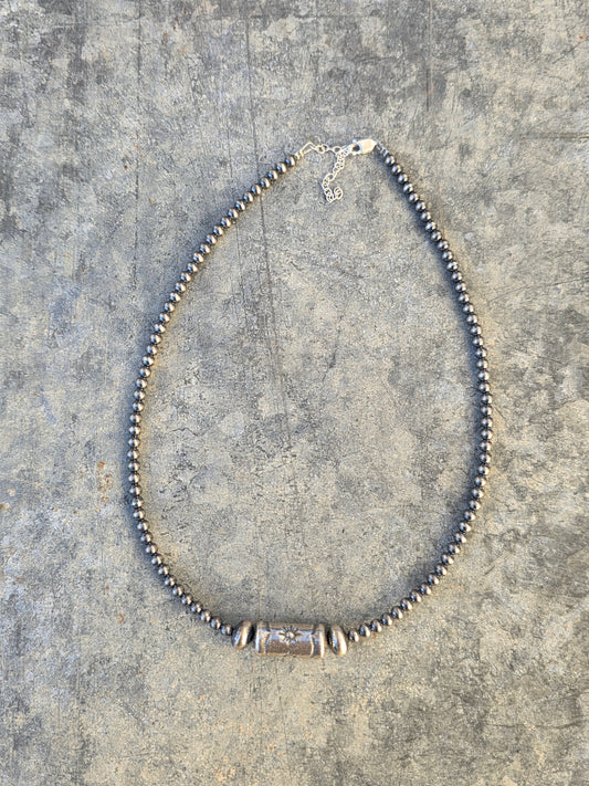 Stamped Barrel Bead & Sterling Pearl Necklace